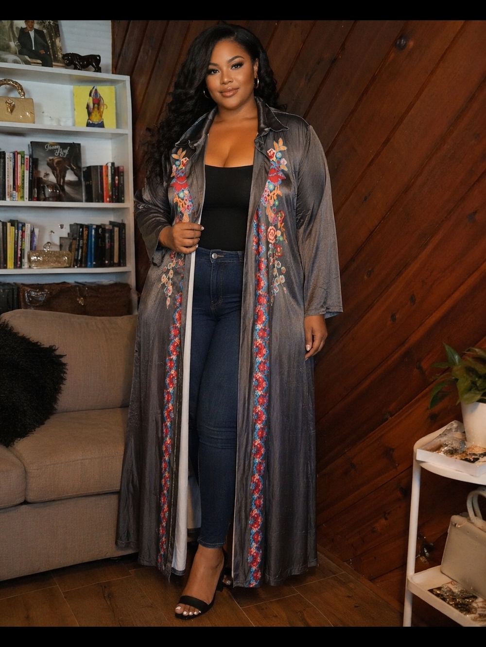 Embroidered Charcoal Long Duster with Floral Trim